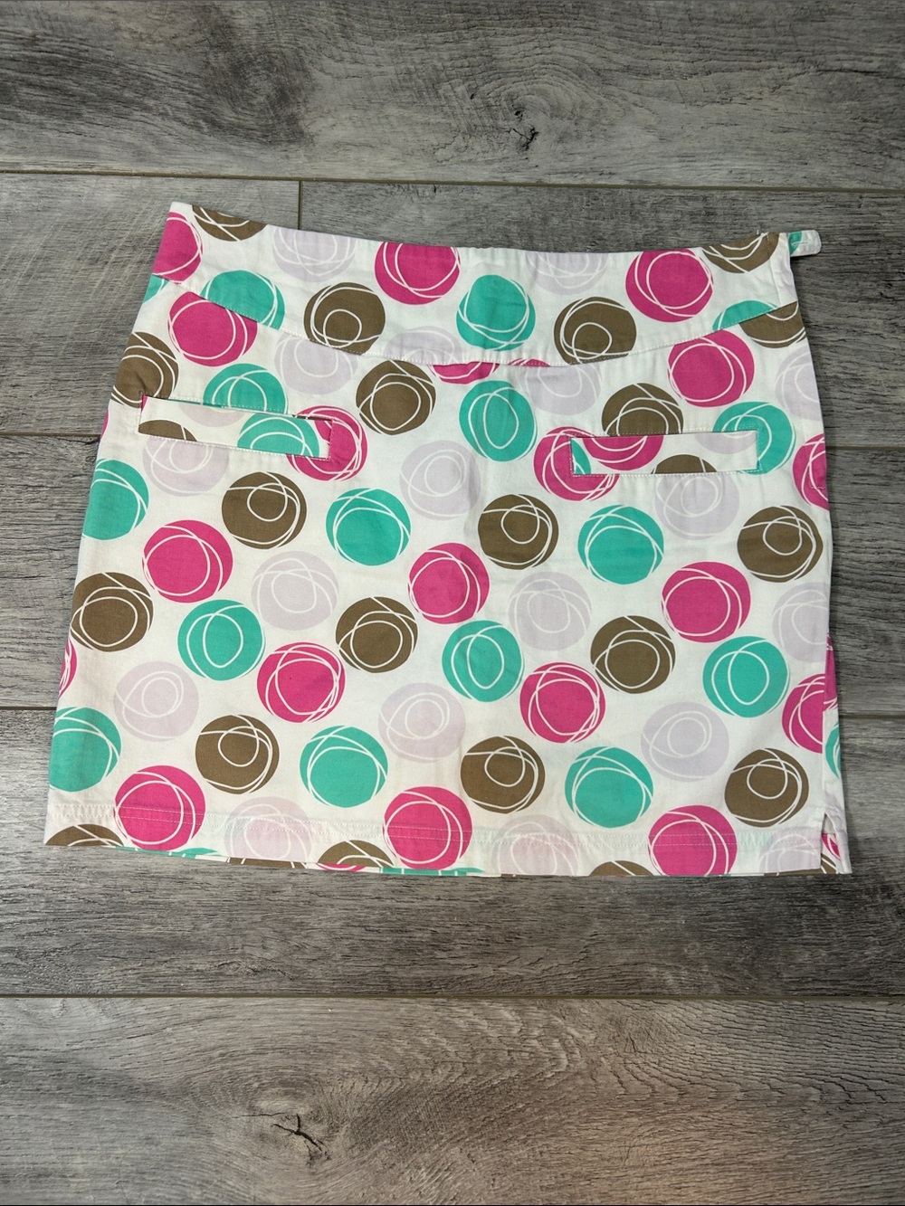 Lija Mini Skirt in Pink, Teal & Brown Circle Print